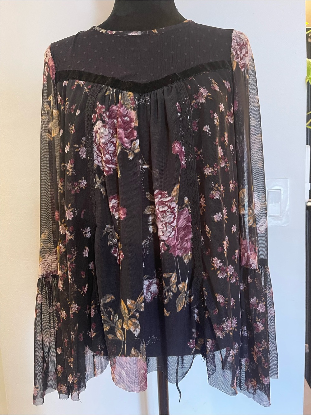 Rewind Black Sheer Floral High-Low Skirt with Pink Blooms